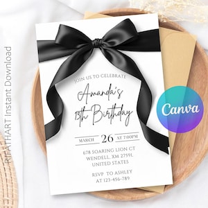 May include: White invitation card with a black satin ribbon and bow. The text reads "Join us to celebrate Amanda's 13th Birthday" with date, time, and location details. A Canva logo is visible.