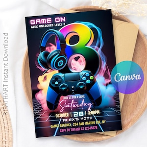May include: A gaming-themed invitation with a black background, featuring a blue game controller, headphones, and a large number 8 in rainbow colors. The text reads "GAME ON" and details for a party.