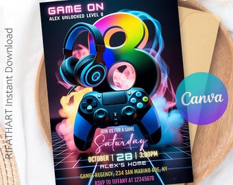 Level Up 8th Birthday Invitation: Video Game Arcade Party (Digital Download)
