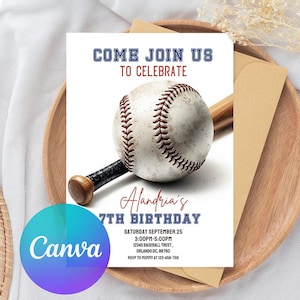 Puede incluir: Invitación de cumpleaños con temática de béisbol con un gráfico de béisbol y bate. La invitación dice "Únete a nosotros para celebrar el 7º cumpleaños de Alandria" con los detalles del evento. El logotipo de Canva es visible.