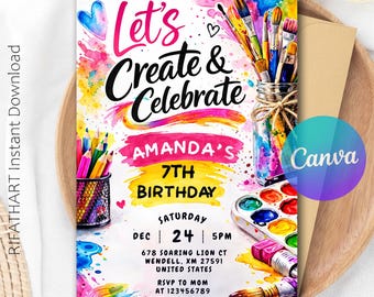 Editable Art Party Invitation, Pastel Rainbow, Let'S Paint And Celebrate Invitation, Editable Canva Template R516
