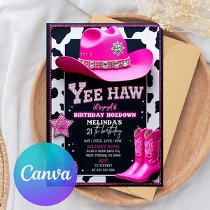 Editable Cowgirl Birthday Party Invitation: Pink Hoedown, Western Glam (Digital Download Canva Template 5x7&quot; )