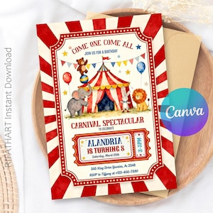 Può includere: Un invito di compleanno a tema carnevale con un bordo a righe rosse e bianche. L'invito presenta un tendone da circo, palloncini e illustrazioni di animali. Il testo include "Come One Come All" e i dettagli del compleanno.