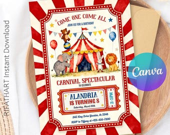 Carnival Birthday Party Invitation, Colorful Circus Theme Invite, Fun Fair Birthday Template, Editable Canva Design, Printable Party Invite