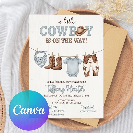 Cowboy Baby Shower Invitation: Western Theme, Editable Canva Template (Digital Download)