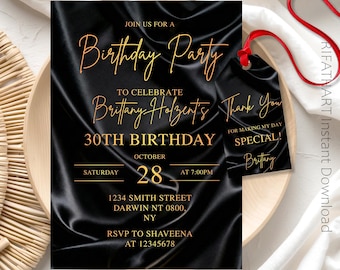 Black & Gold Birthday Invitation, Modern 30th Birthday Invite for Him, Men’s Digital Party Evite, Editable Canva Template