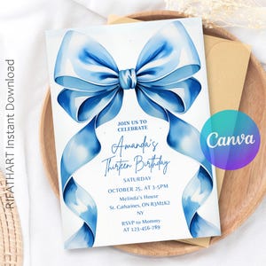 Peut inclure: Une invitation blanche avec un grand nœud bleu à l'aquarelle. Le texte indique "Join us to Celebrate Amanda's Thirteenth Birthday" avec les détails de l'événement. Le logo Canva est visible. Les mots "RIFATHART Instant Download" sont sur le côté gauche.