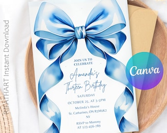 May include: A white invitation card with a large blue watercolor bow. The text reads "Join us to Celebrate Amanda's Thirteenth Birthday" with event details. The Canva logo is visible. The words "RIFATHART Instant Download" are on the left side.