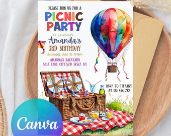 May include: A picnic party invitation with a watercolor hot air balloon and picnic basket illustration. The invitation text reads "PICNIC PARTY" and "Amanda's 3rd Birthday". Includes RSVP information and Canva logo.