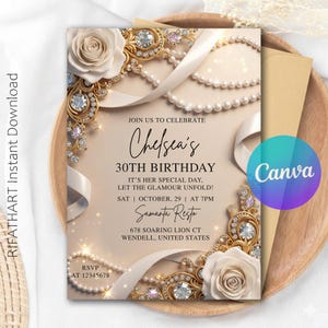 Pearls and Rose Party Invitation, Glam Pearl Birthday Invite, Elegant Adult Birthday, Rose Aesthetic Party Template, Editable Canva R474