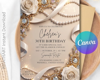 Pearls and Rose Party Invitation, Glam Pearl Birthday Invite, Elegant Adult Birthday, Rose Aesthetic Party Template, Editable Canva R474