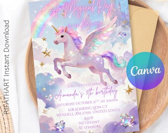 May include: A whimsical invitation for a 5th birthday celebration. The design features a majestic unicorn with wings, a rainbow, and a castle in the background. The text reads "A Magical Day is on the way" and includes the party details.