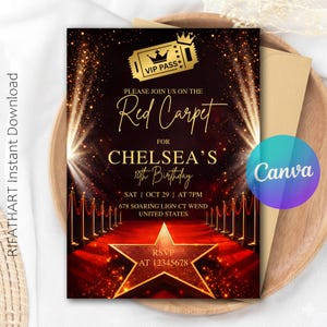 Può includere: Un invito nero e oro con il testo "Red Carpet" e "Chelsea's 10th Birthday". L'invito presenta un design a tappeto rosso con una stella d'oro e una grafica del pass VIP. Sono incluse le informazioni RSVP.