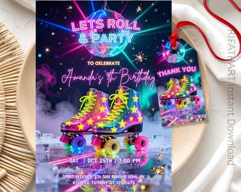 Skate Party Invitation, Roller Skate Birthday Invitation, Neon Roller Skate Birthday Party, Editable Template, Instant Download