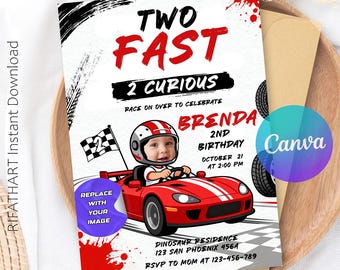 Two Fast 2Nd Birthday Invitation, Two Fast 2 Curious Race Car Invite, 2Nd Birthday Invitation, Canva Editable Template