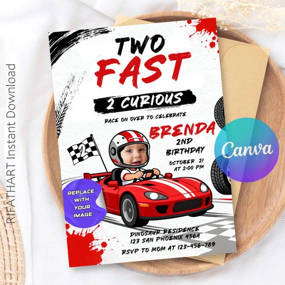 Two Fast 2Nd Birthday Invitation, Two Fast 2 Curious Race Car Invite, 2Nd Birthday Invitation, Canva Editable Template
