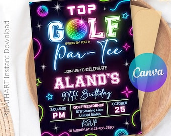 Mini Golf Birthday Party Invitation, Neon Glow Golf Theme, Fun Sports Celebration Invite, Par Tee Golf Party, Editable Canva Template