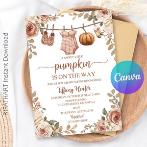 Pink Pumpkin Baby Shower Girl Invitation, Rose Pumpkin Invite, Little Pumpkin Baby Shower Invite, Pink Baby Shower Invite, Canva Template
