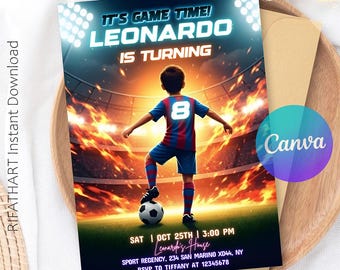 Invitación editable para fiesta de fútbol, invitación de cumpleaños de fútbol, invitación imprimible para niños, plantilla digital de Canva, descarga instantánea