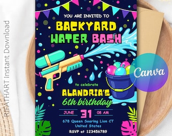 Water Gun Bash Birthday Invitation, Pool Party Invitation, Water Bash Party, Heello Summer, Editable Canva R560