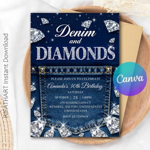 Denim and Diamonds Birthday Invitation, Editable Canva (Digital Download) RI288
