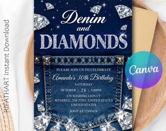 Denim and Diamonds Birthday Invitation, Editable Canva (Digital Download) RI288