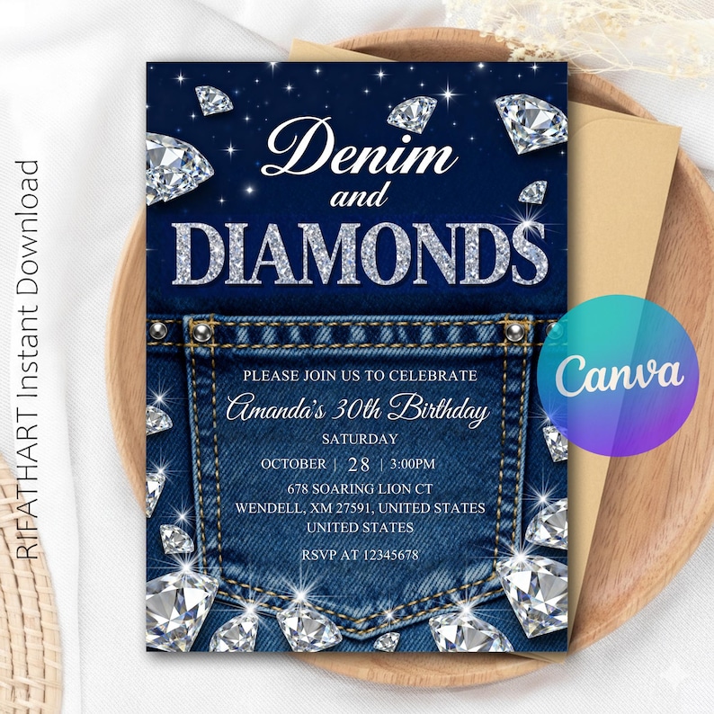 instant download, canva template,  birthday invitation, adult birthday, digital invitation, diamonds birthday, retro invitation, luxury invitation, denim birthday, denim and diamonds, diamonds invitation, denim invitation, denim, printable invitation, digital birthday card, canva template, custom mobile invite, digital download,  ,, printable invitation, instant download, canva template