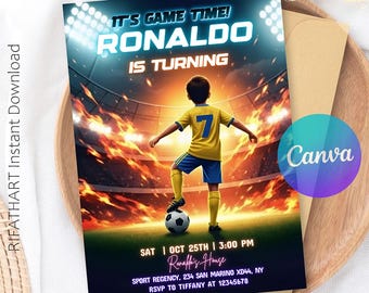 Invitación para fiesta de fútbol, invitación de cumpleaños de fútbol, invitación imprimible de fútbol para niños, plantilla digital de Canva, descarga instantánea