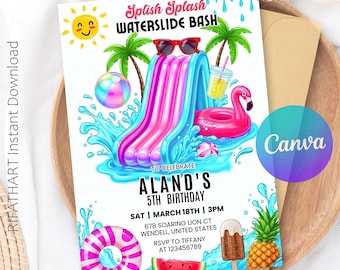 Waterglijbaan verjaardagsuitnodiging, jongen meisje splash feestuitnodiging, splash verjaardag Evite, waterglijbaan bash modern canvas sjabloon R140