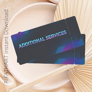 May include: Two dark gray cards with the text "ADDITIONAL SERVICES" in a gradient of blue and purple. The cards have a dotted line for separation. The cards are on a beige plate with a beige fan in the background.