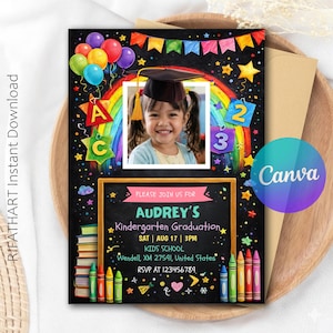 Editable Kindergarten Graduation Invitation, Elementary School Graduation Announcement, Pre-School Template, Editable Canva  R531