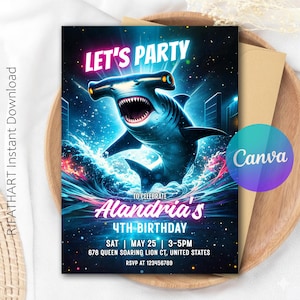 Hammerhead Shark Birthday Invitation, Neon Shark Party Invite For Kids, Ocean Theme, Instant Download, Canva Template, Boys Birthday R548