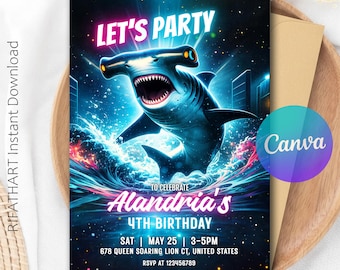 Hammerhead Shark Birthday Invitation, Neon Shark Party Invite For Kids, Ocean Theme, Instant Download, Canva Template, Boys Birthday R548