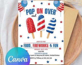Puede incluir: Una invitación con temática patriótica, con helados rojos, blancos y azules y globos. El texto dice "Pop on Over" e invita a una celebración del 4 de julio con comida, fuegos artificiales y diversión. Incluye detalles del evento.