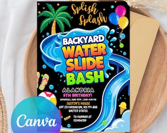 May include: A black invitation card with a water slide theme. The card features the text "Backyard Water Slide Bash" in colourful letters, along with event details and a Canva logo. Balloons, a palm tree, and an ice cream cone are also included.