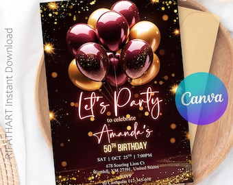 Elegant 50th Birthday Invitation, Burgundy Gold Party Theme, Luxury Balloon Celebration, Milestone Adult Birthday Invite, Editable Canva