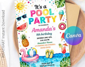 Editable Pool Birthday Invite, Pool Party Invitation, Printable Summer Swimming Any Age Birthday Party Invite, Canva template