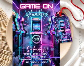 Arcade Invitation, Arcade Birthday Invite, Neon Arcade Party, Retro Game Invitation, Editable Template, Instant Download, Printable Canva