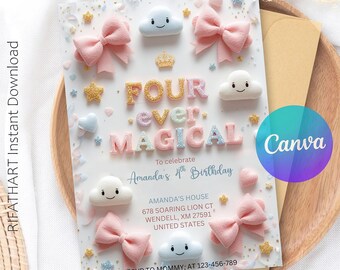 Bearbeitbare Einladung zum 4. Geburtstag, vier magische Party-Einladung, magische Party einladen, Pastellregenbogen-Einhorneinladung