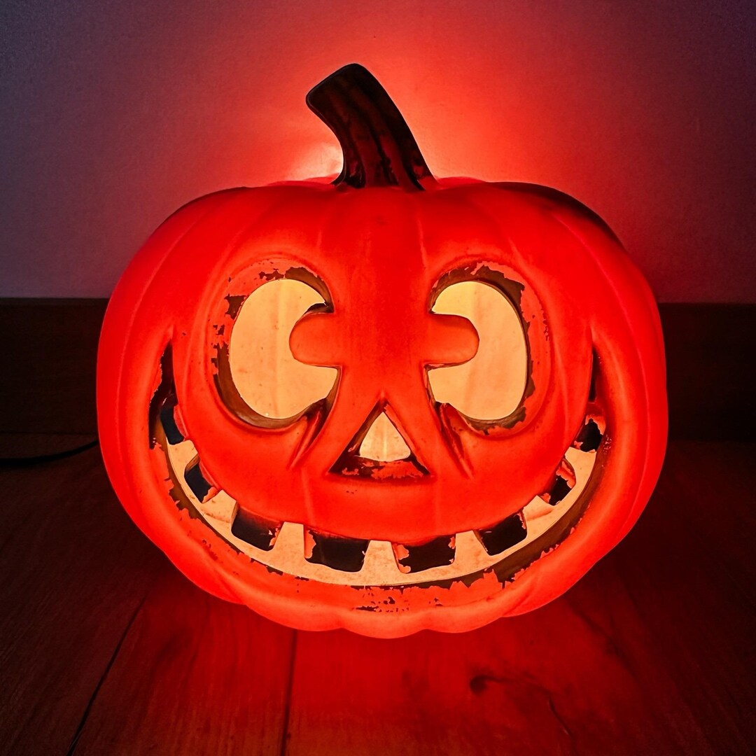 Vtg Halloween Plastic Silly Smile Jack O Lantern Pumpkin 9" Lighted 90 ...