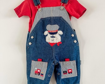 Vintage Baby Boys 3-6 Mos Denim Overalls Puppy Train All Aboard Red Y2K