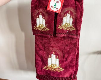 VTG New 90's Christmas Decorative Towel Set Of 3 Burgundy Candles Kmart NOS