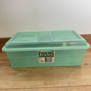 May include: A rectangular, translucent, mint-green plastic storage container with a matching lid. The lid has two recessed areas and a label that reads "Flip Tops". The container is sitting on a wooden surface.