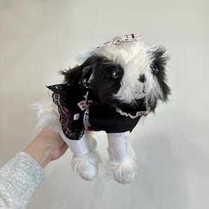 May include: A plush toy dog with black and white fur, wearing a black dress with pink lace trim and a matching bow. The dog has green eyes and fluffy white paws. The toy is held by a person.