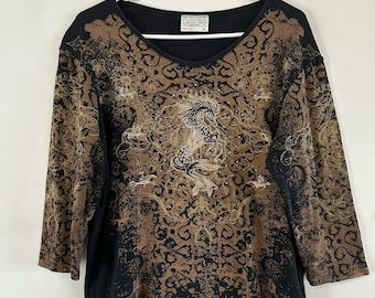 Womens Cactus Bay Top XL Black Rodeo Horse Embellished Rhinestone Bling