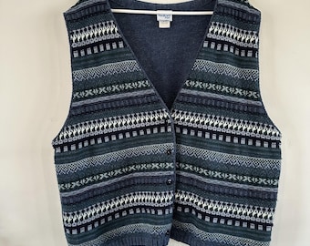VTG Bedford Fair Women's Fair Isle Knit Sweater Vest Blue Stripe 2X 90's Acrylic