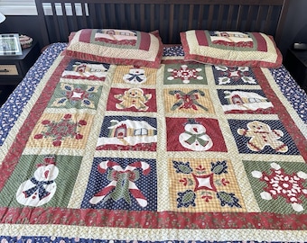 VTG JC Penney Christmas Queen Comforter Quilt Gingerbread Candy Cane Multi