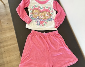 Vtg Girls 90's Pajama Set Pink Puppy Dogs Heart 10 Shorts Long Sleeve Top Sleep