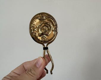 VTG Art Nouveau Small Hand Mirror Gold Lady's Face Purse