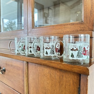 4 Vintage Libbey Currier and Ives Christmas Glass Mugs - Winter Snow Scene